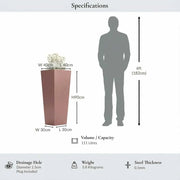 90cm Zinc Galvanised Brushed Rose Gold Finish Tall Tapered Square Planter